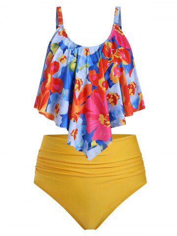 Plus Size Floral Overlay Ruched High Waist Tummy Control Tankini Swimsuit - YELLOW - L