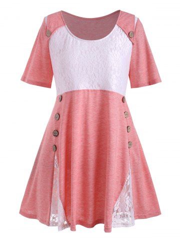 Plus Size Flower Lace Button Embellished T-shirt - PINK - 1X