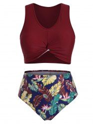 Flamingo Leaves Print Twist Hem Plus Size Tankini Swimsuit -  