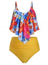 Plus Size Floral Overlay Ruched High Waist Tummy Control Tankini Swimsuit -  