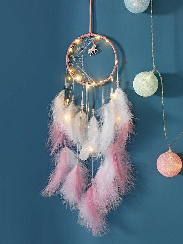 

Handmade Beaded Feather Unicorn Dream Catcher, Rose