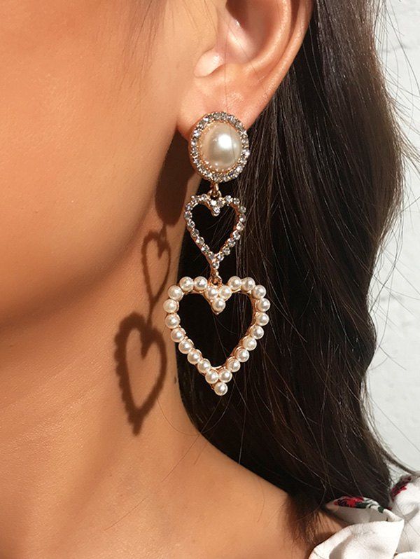 

Faux Pearl Rhinestone Heart Drop Earrings, White