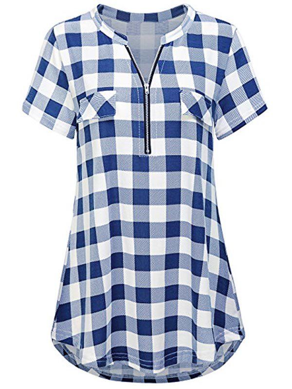 

Checked Half-zip Mock Pockets Top, Blueberry blue