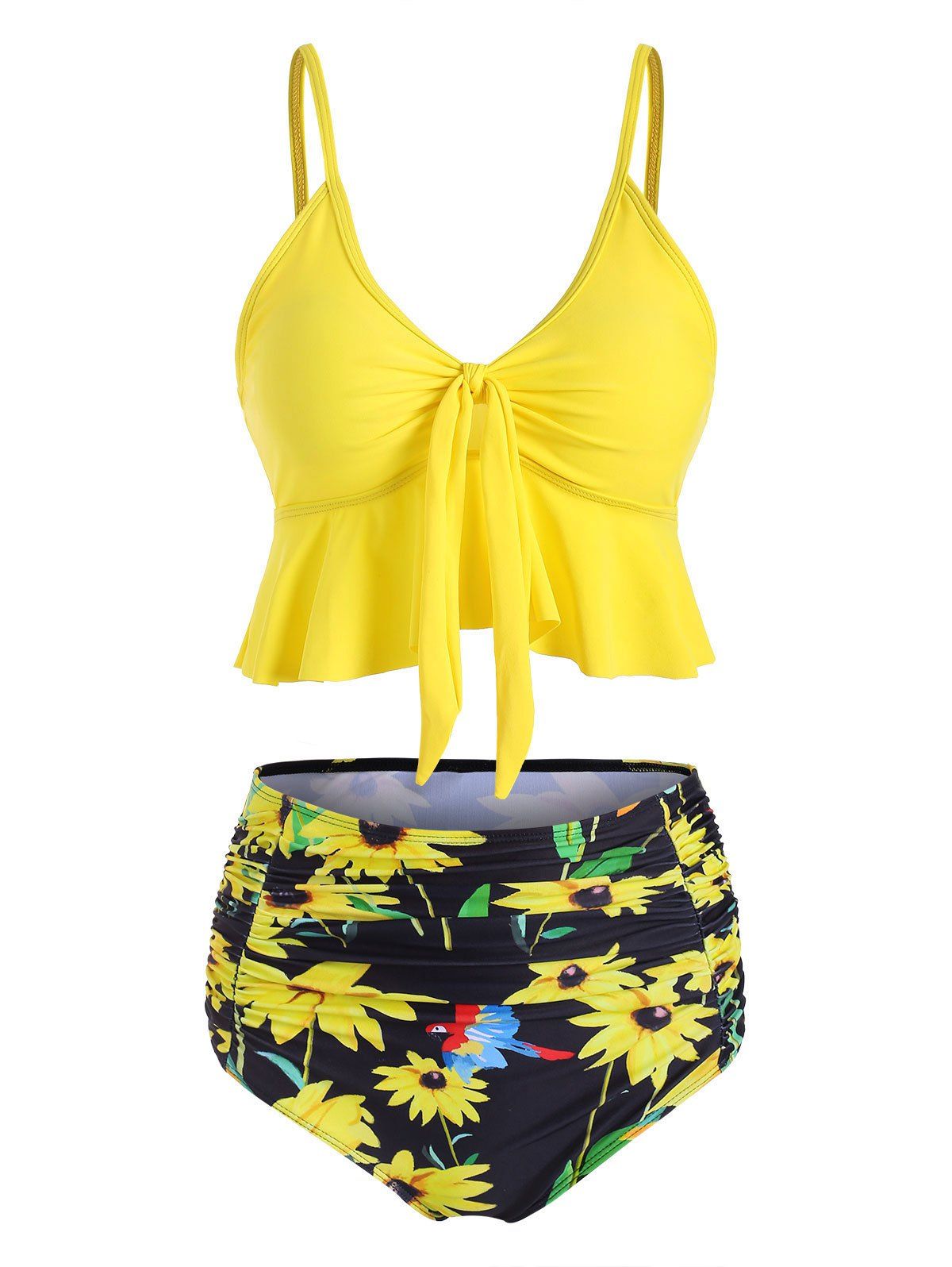 

Sunflower Knotted High Waisted Ruched Tankini Swimsuit, Yellow