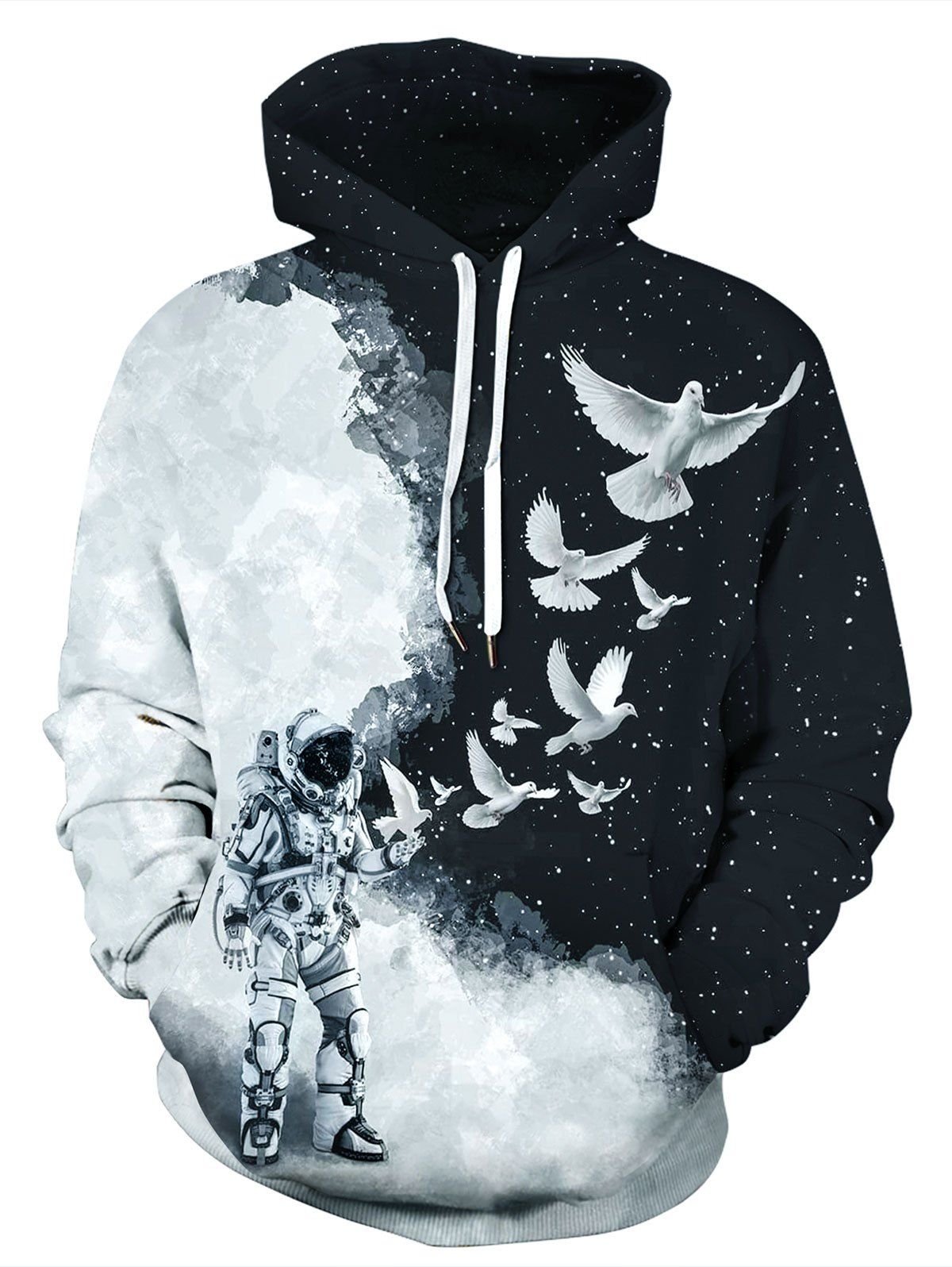 

Astronaut Pigeon Pattern Pocket Design Hoodie, Black