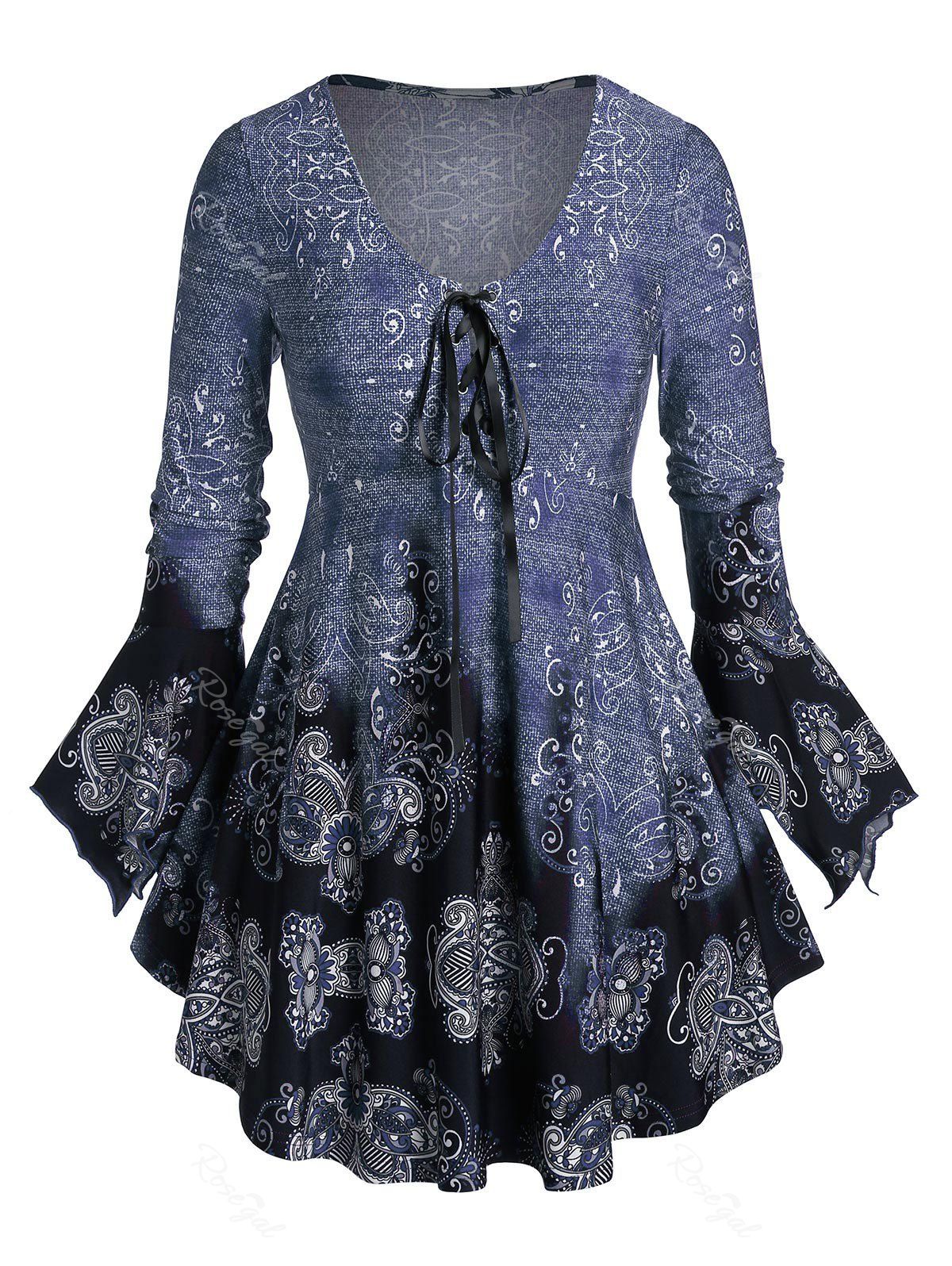 Plus Size Scoop Collar Printed Flare T Shirt, Slate blue