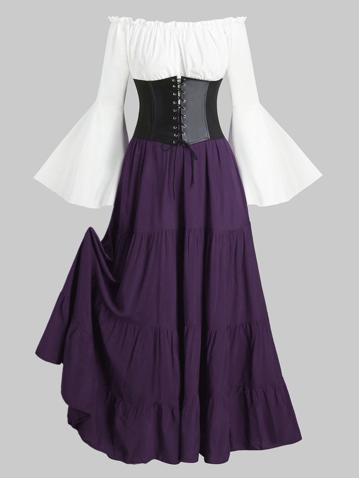 

Lace-up Corset Belt Vintage Renaissance Medieval Bell Sleeve Dress, Purple iris