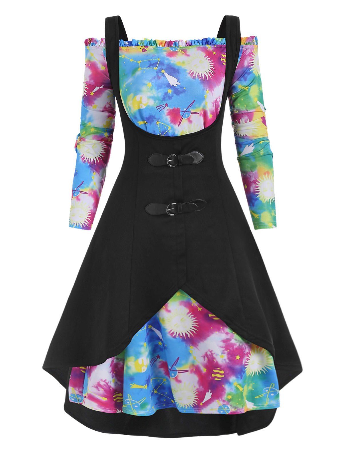 

Plus Size High Low Tank Top and Galaxy Tie Dye Off Shoulder Dress, Black