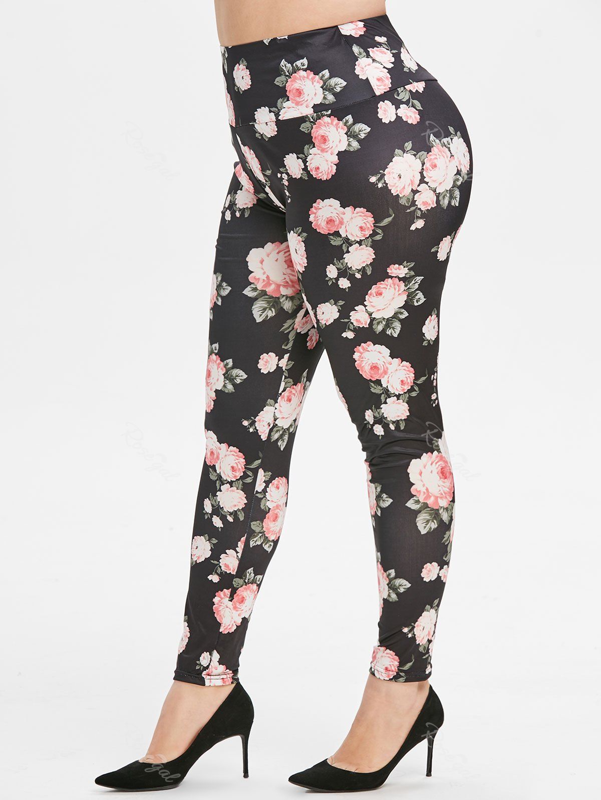 

Plus Size Wide Waistband Floral Leggings, Black