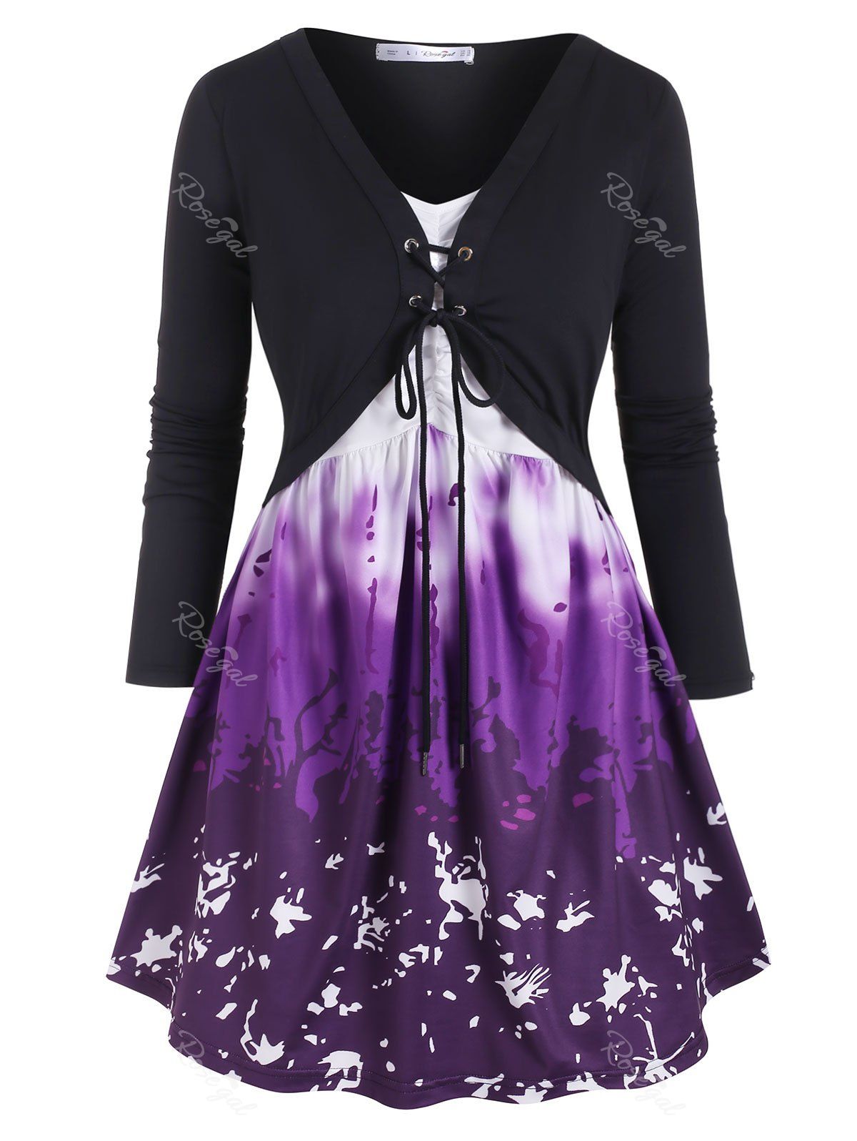 

Gathered Front Printed Lace Up Plus Size Top, Purple