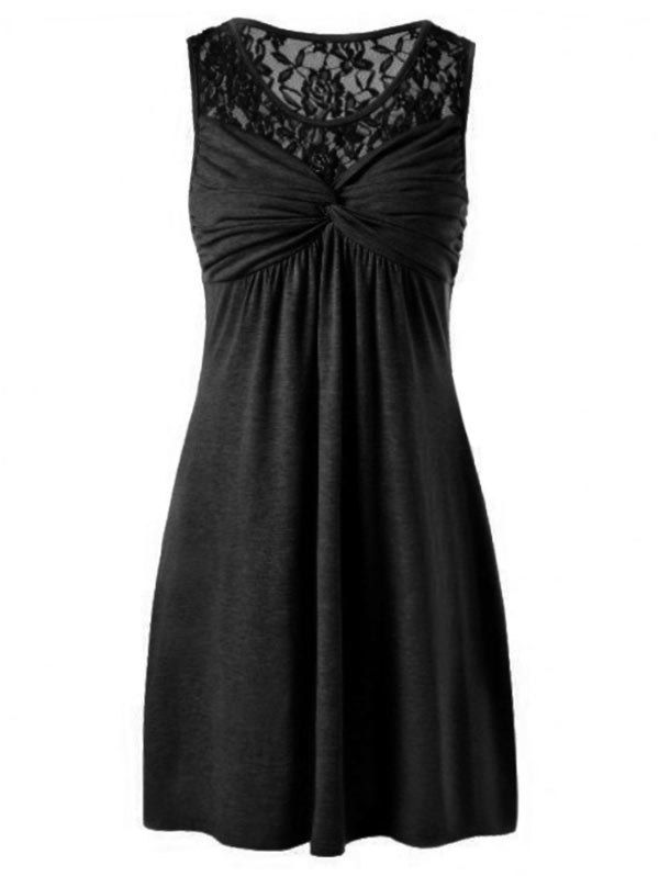 

Lace Panel Twist Front Sleeveless Dress, Black