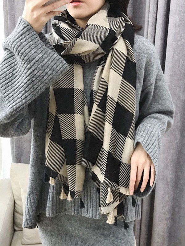 

Plaid Pattern Travel Tassel Long Scarf, Black