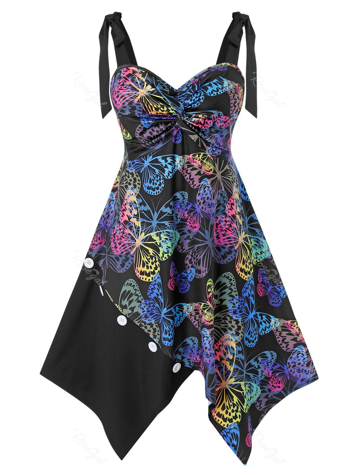 

Plus Size Handkerchief Tie Shoulder Butterfly Print Dress, Black