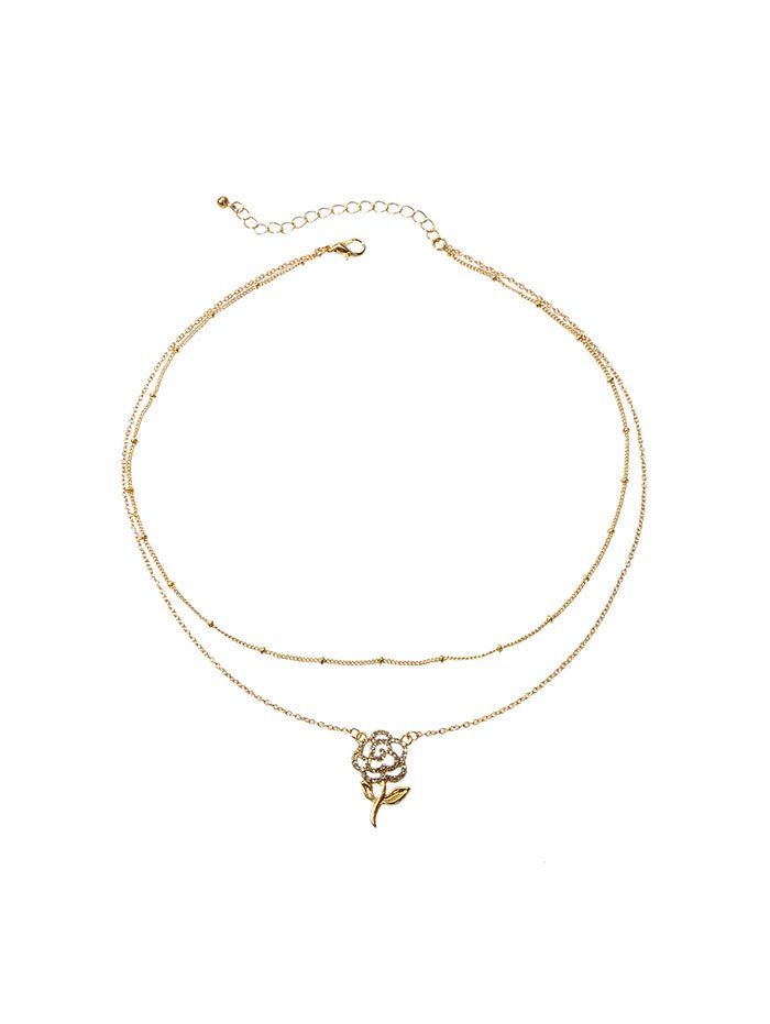 

Rhinestone Rose Flower Layered Pendant Necklace, Gold