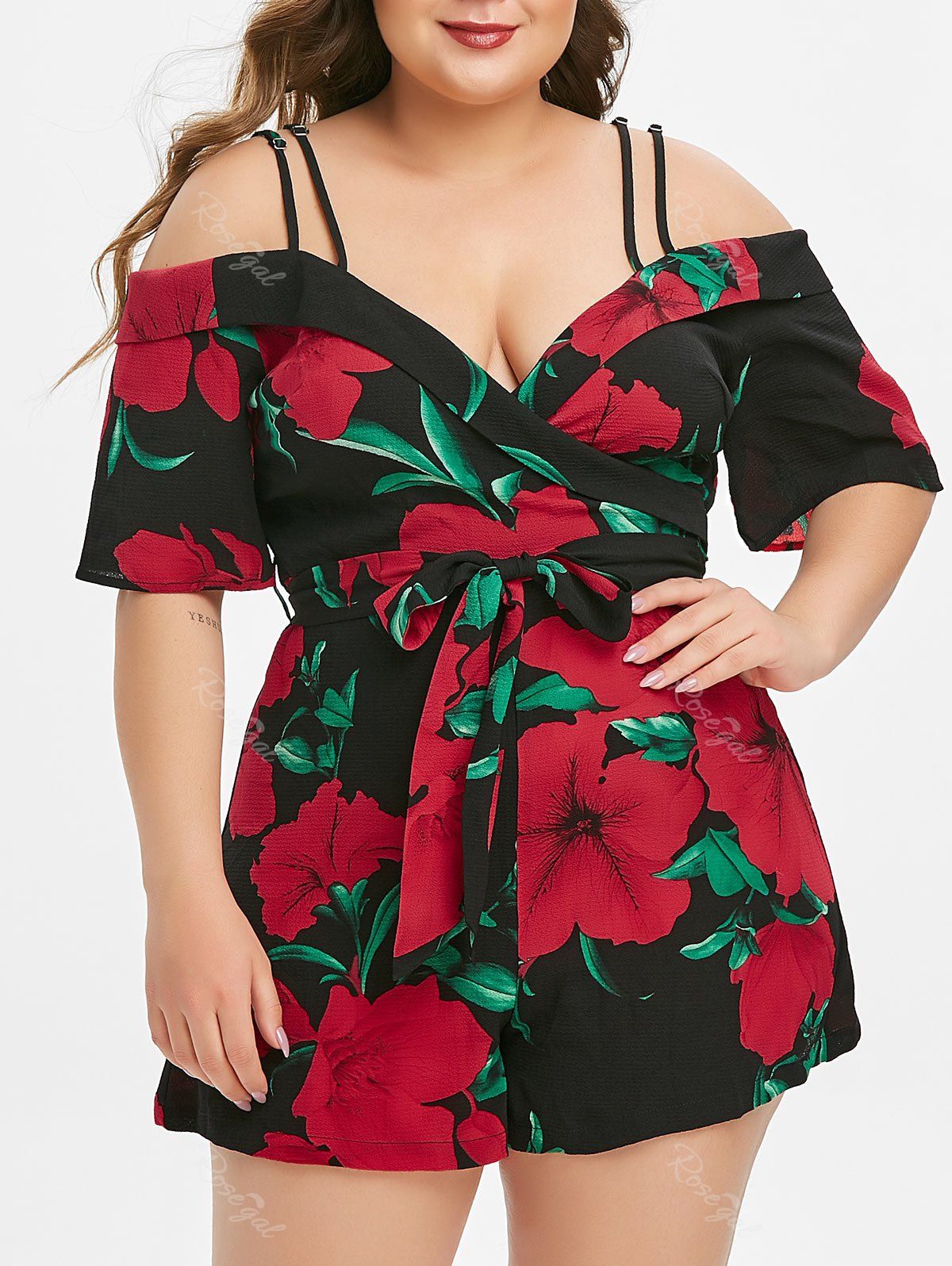 

Plus Size Plunge Open Shoulder Floral Print Romper, Black