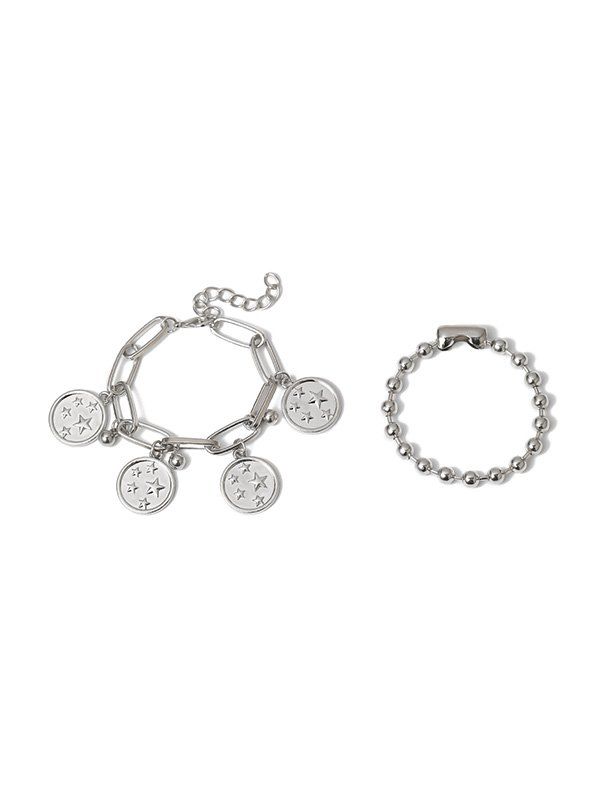 

Alloy Engraved Star Bead Bracelet Set, Silver