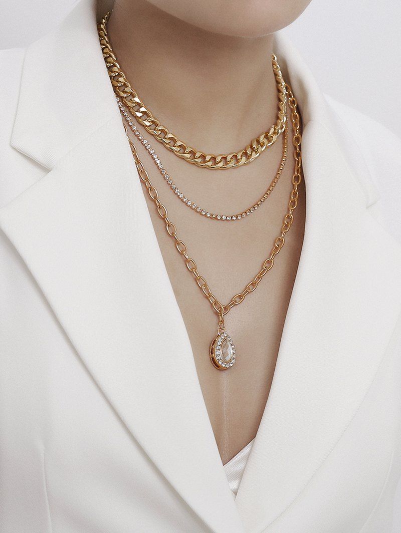 

Rhinestone Teardrop Multilayered Chain Necklace, Gold