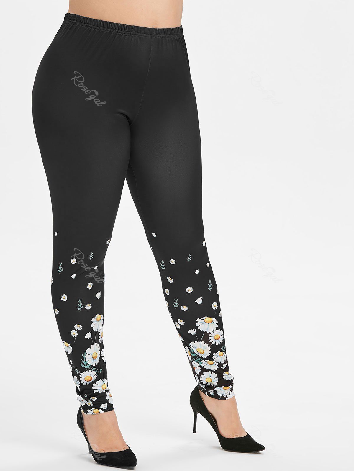 

Plus Size Flower Print High Waisted Skinny Leggings, Black