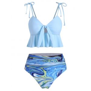 

Galaxy Print Tie Ruched Knot Peplum Tankini Swimsuit, Light blue
