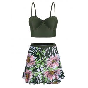 

Floral Leaf Push Up Skirted Tankini Swimsuit, Fern green