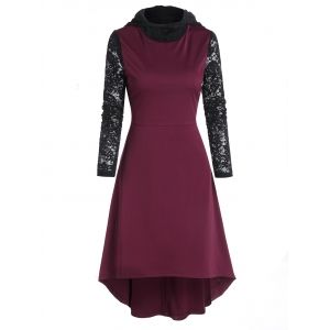 

Lace Sleeve Hooded High Low Midi Dress, Maroon