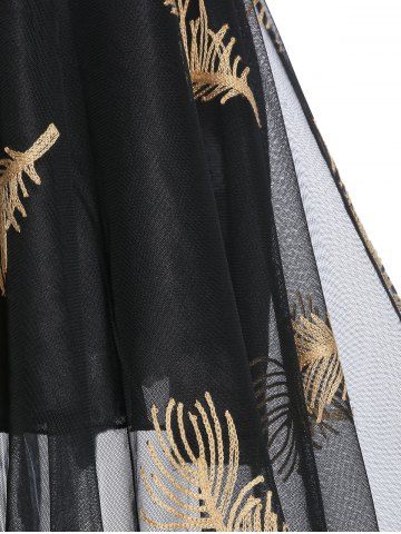 

Skew Neck Leaves Embroidered High Low Party Dress, Black