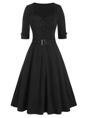 Half Button Belted Vintage Flare Dress