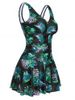 Leaf Print Plunging Skirted Tankini Swimwear -  