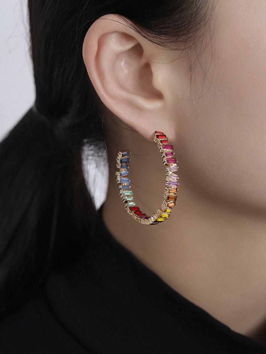 

Colorful Rhinestone Open Hoop Earrings, Gold