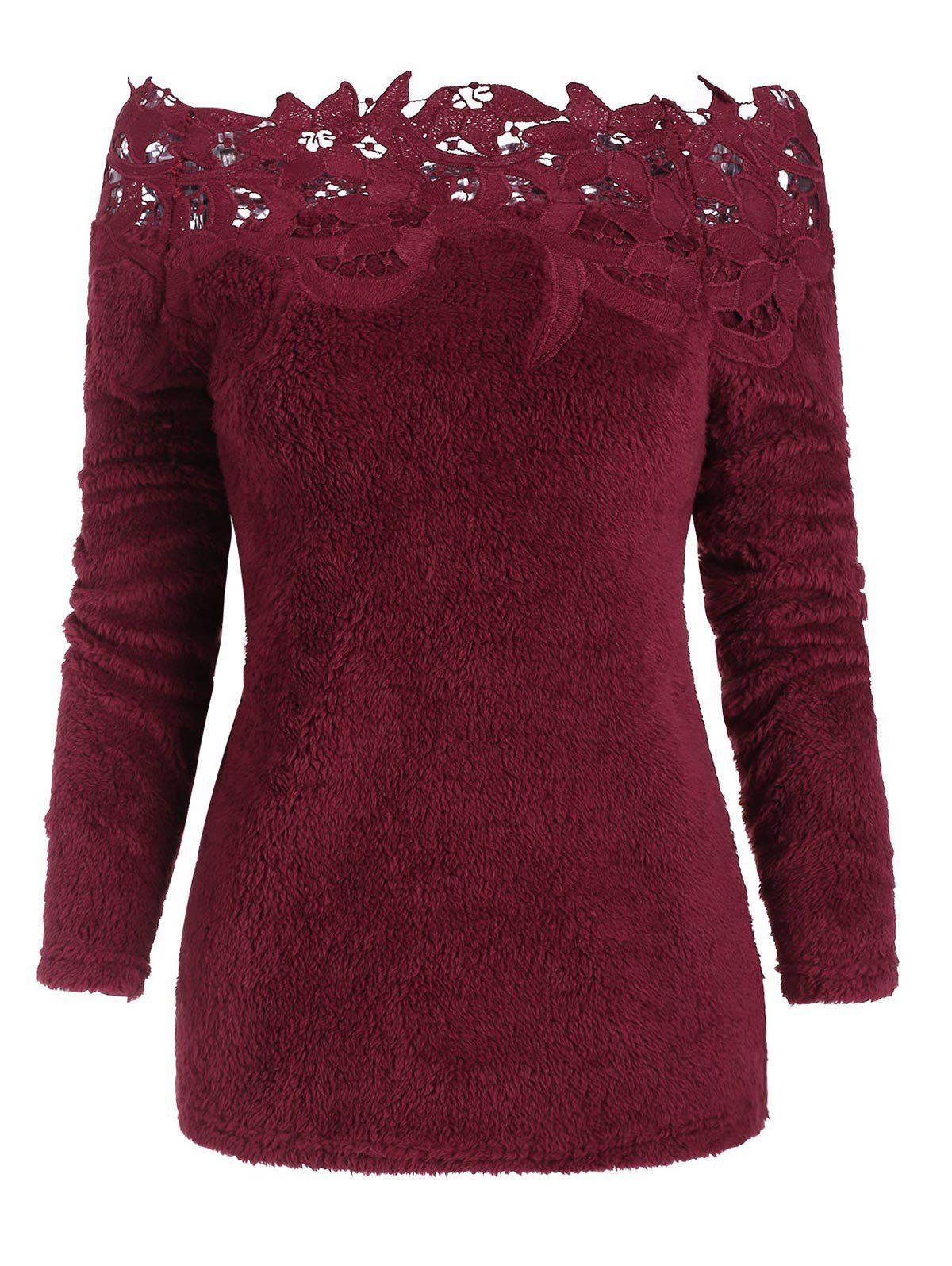 

Lace Panel Fluffy Round Neck Top, Red wine