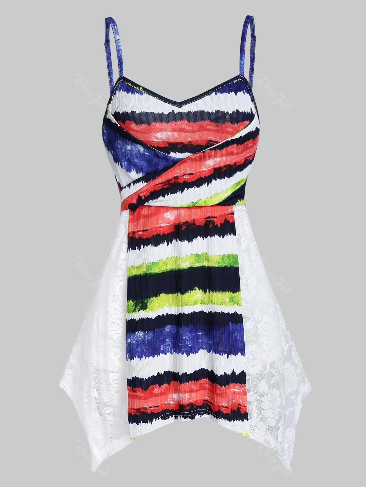 

Lace Insert Colorful Striped Print Handkerchief Cami Top, White