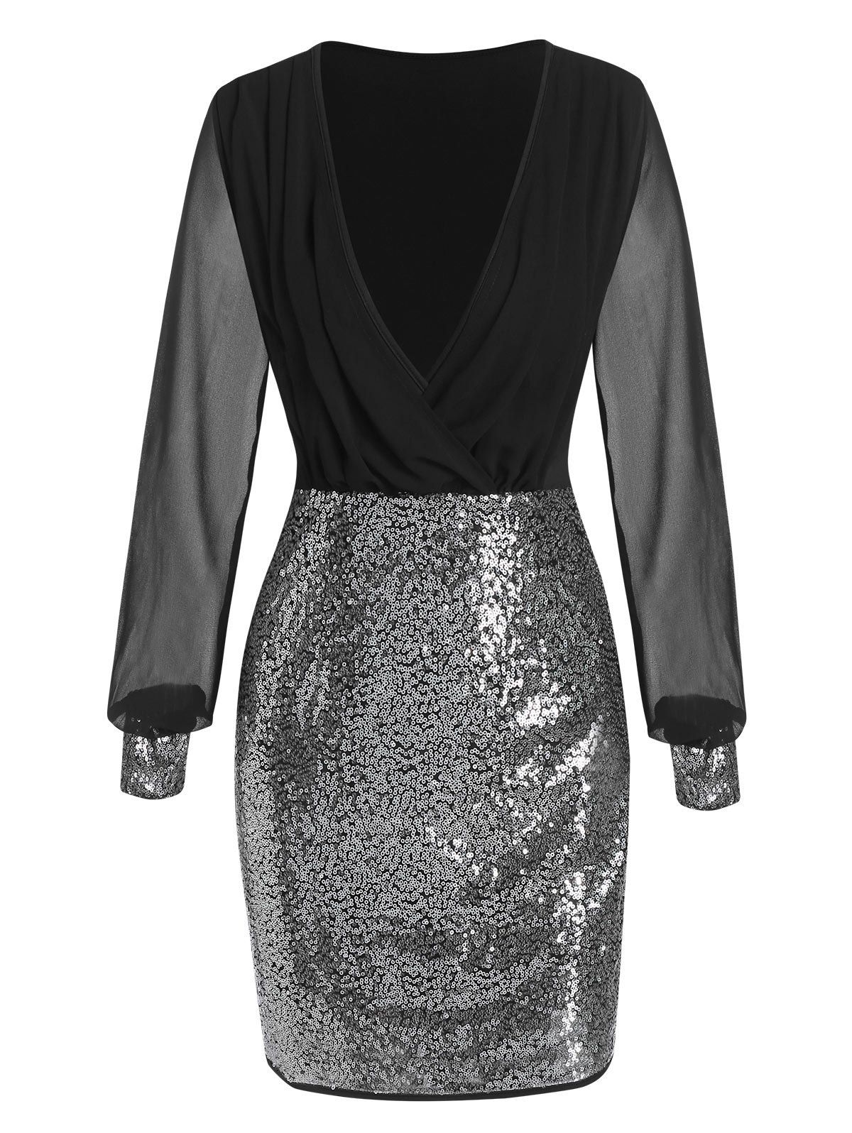 Sequin Panel Chiffon Sleeve Plunge Neck Sheath Dress, Black