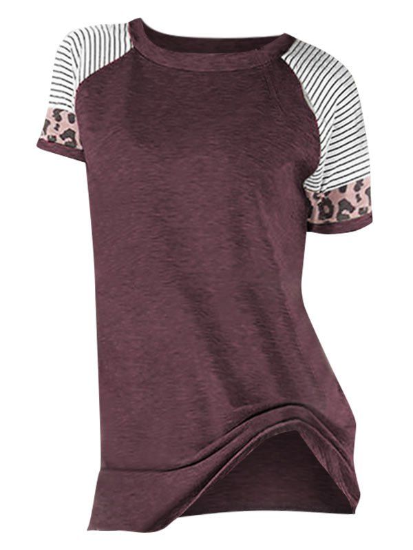 

Striped Leopard Print Round Neck Tee, Rosy finch