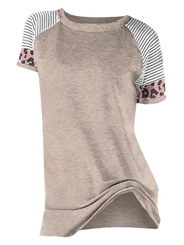 

Striped Leopard Print Round Neck Tee, Light khaki