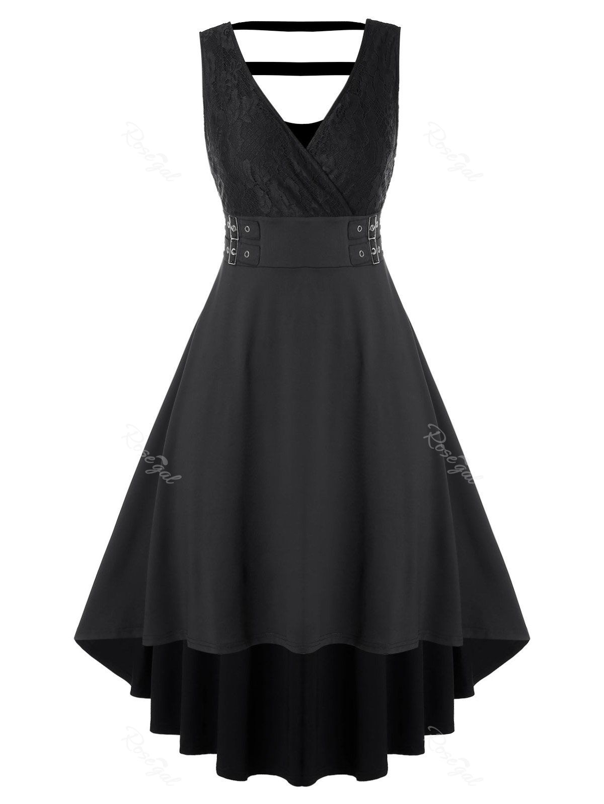 

Plus Size High Low Lace Sleeveless V Neck Dress, Black