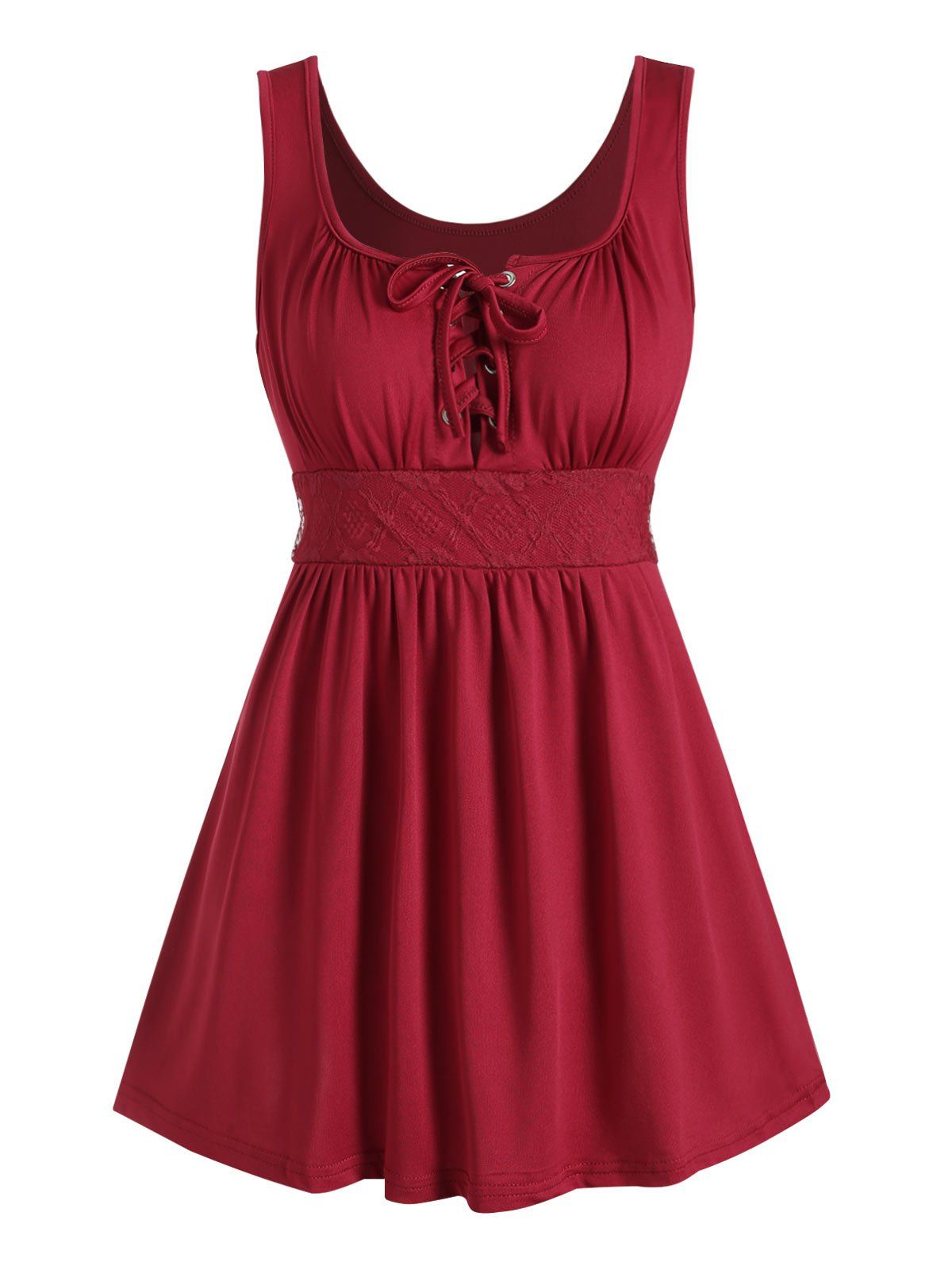 

Lace-up Lace Panel Tank Top, Red wine