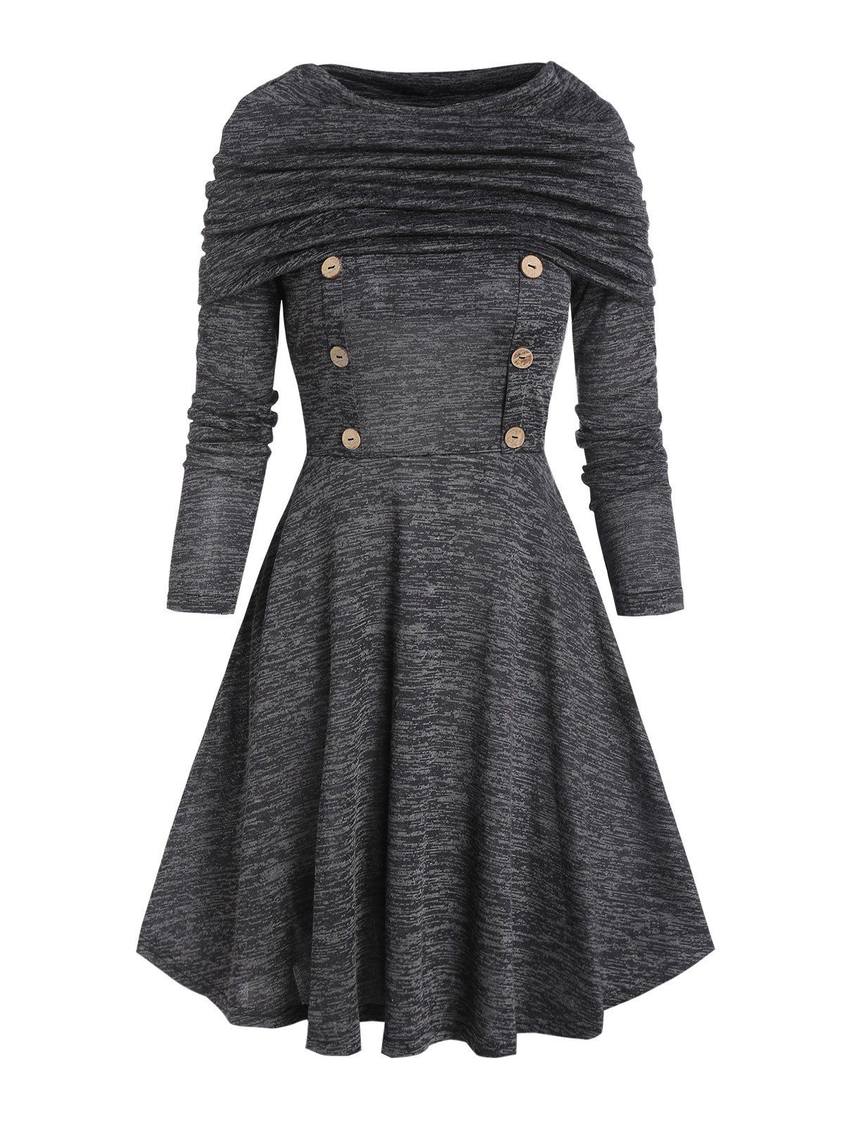 

Foldover Button Long Sleeve A Line Dress, Gray