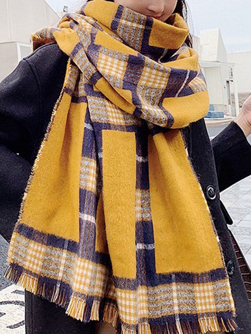 

Plaid Pattern Big Fringe Long Scarf, Golden brown
