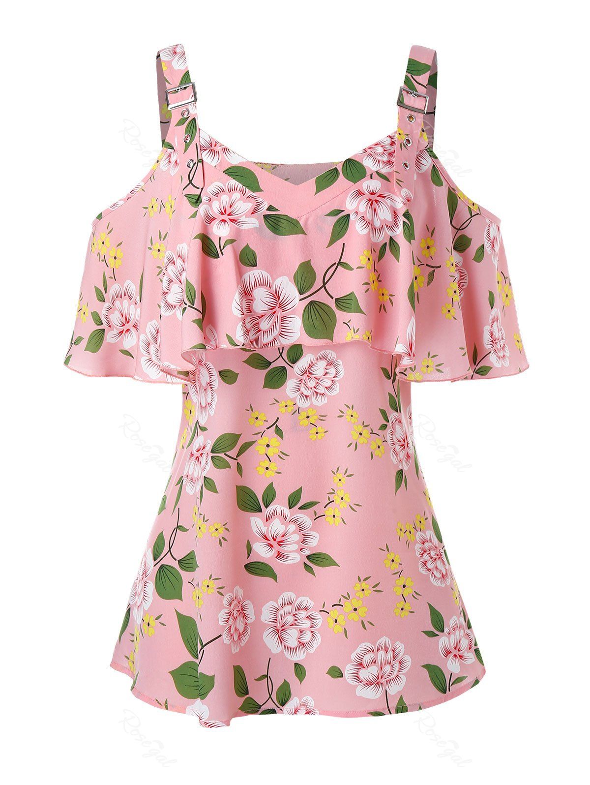 

Plus Size Floral Print Cold Shoulder Flounce Blouse, Light pink
