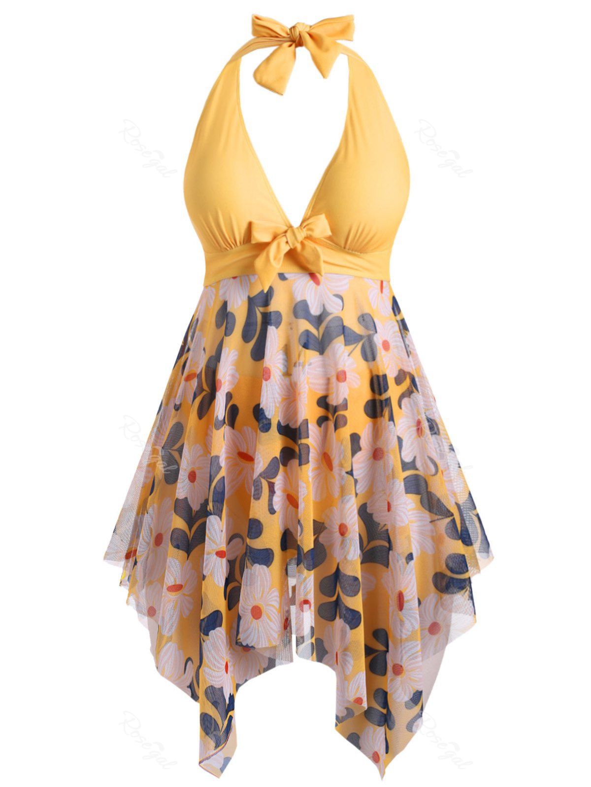 

Plus Size Plunge Handkerchief Floral Tankini Swimsuit, Yellow