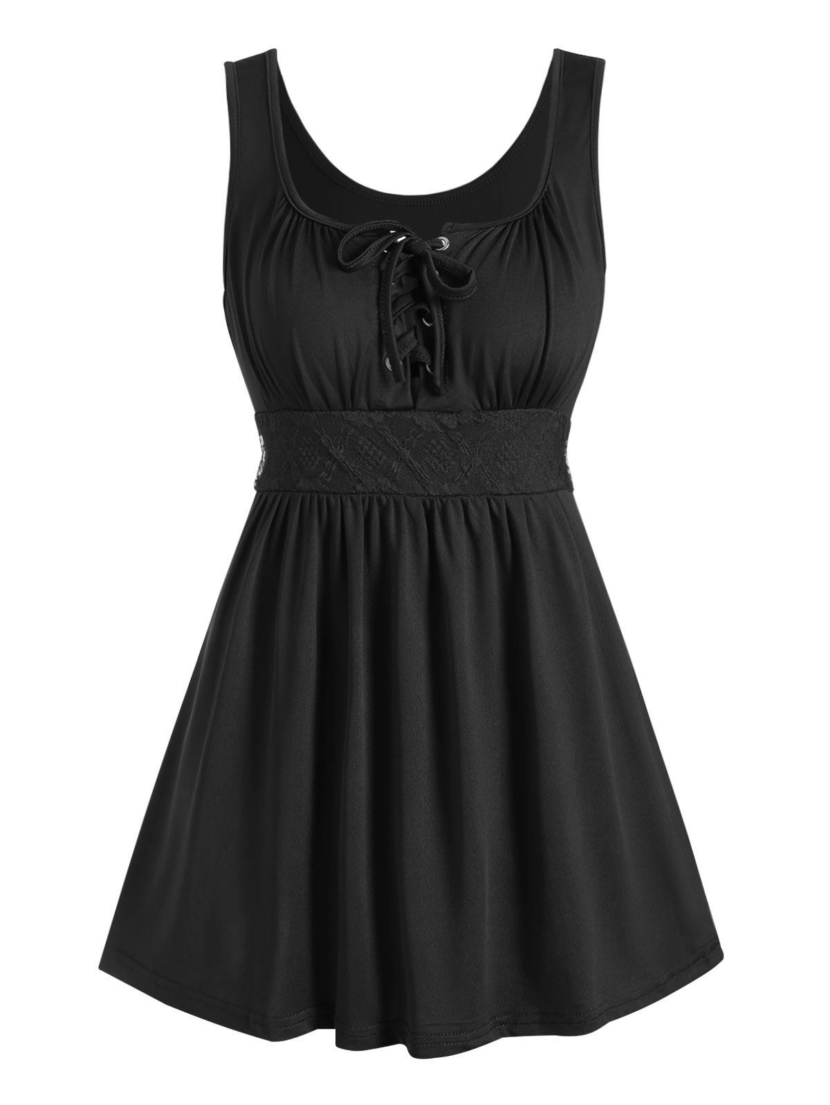 

Lace-up Lace Panel Tank Top, Black