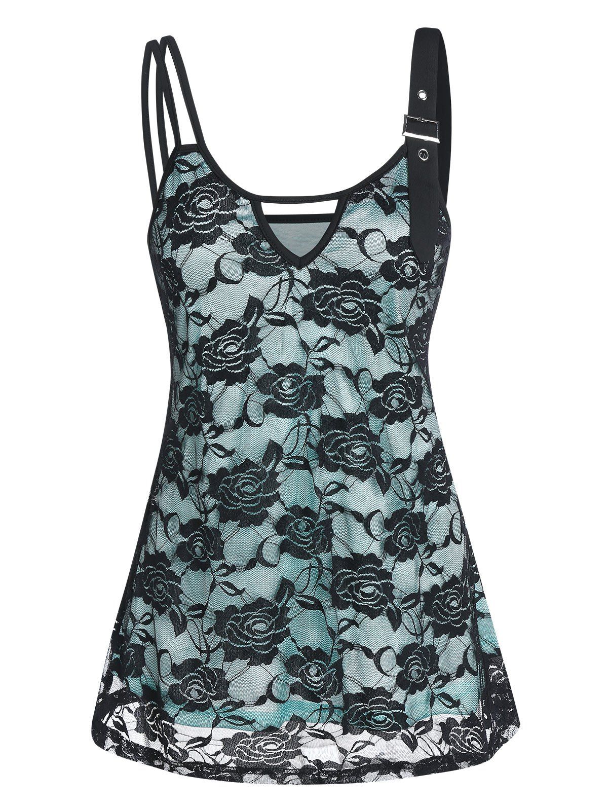 

Keyhole Overlay Lace Cami Tank Top, Black