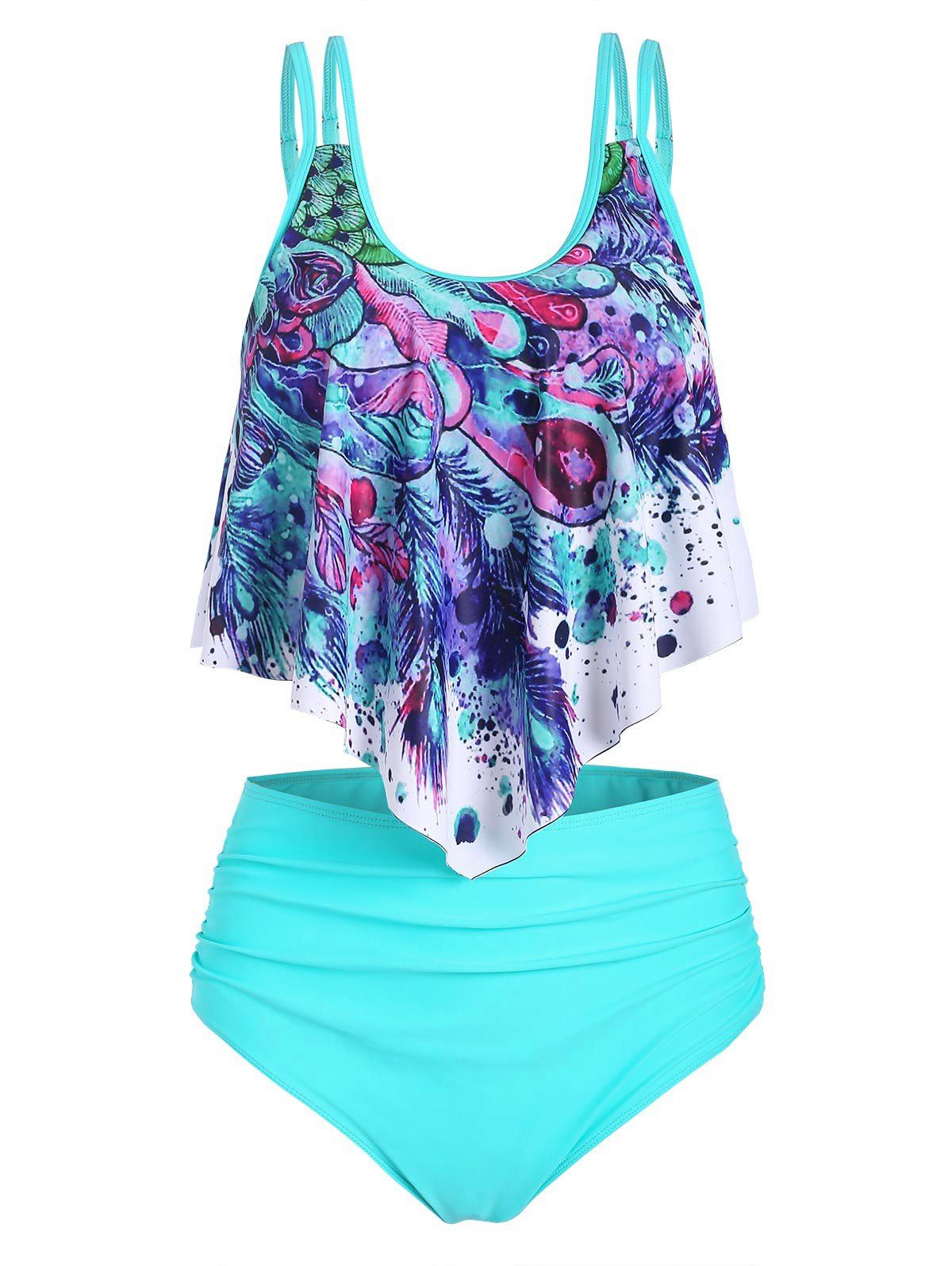 

Feather Print Flounce Overlay High Waisted Tankini Swimwear, Celeste