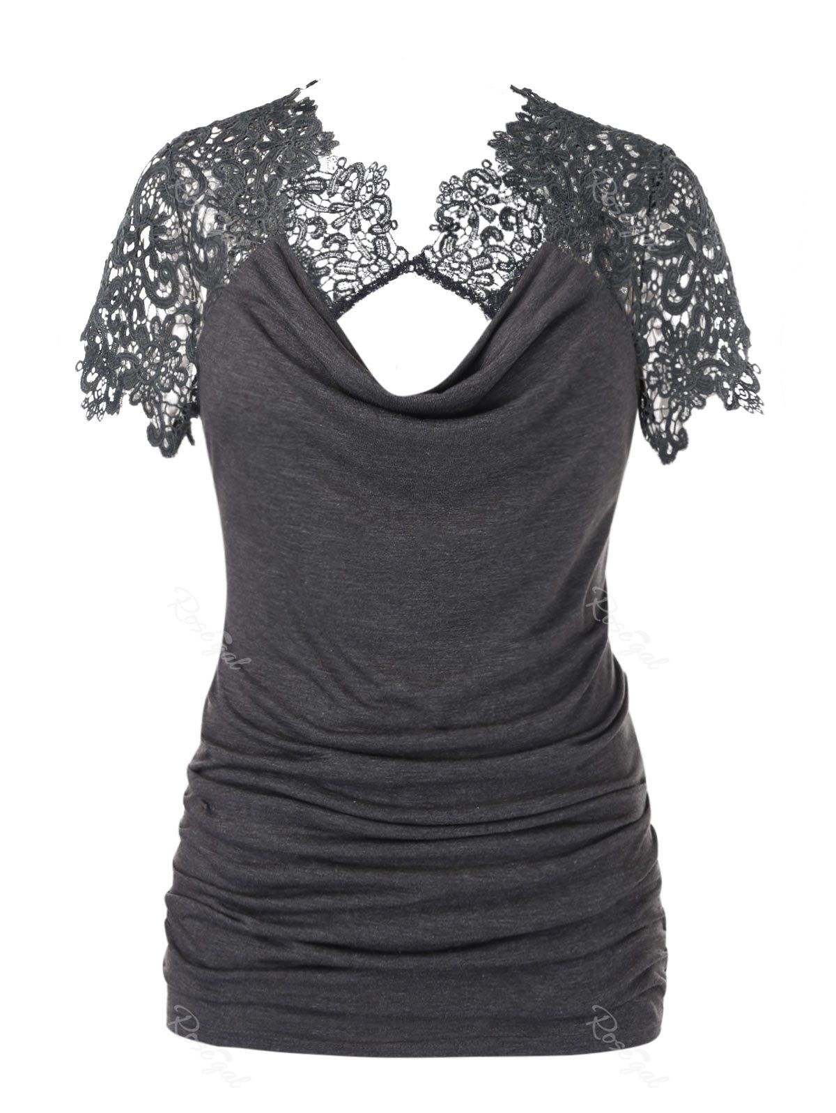 

Plus Size Cowl Neck Lace Insert Ruched Cutout T Shirt, Ash gray