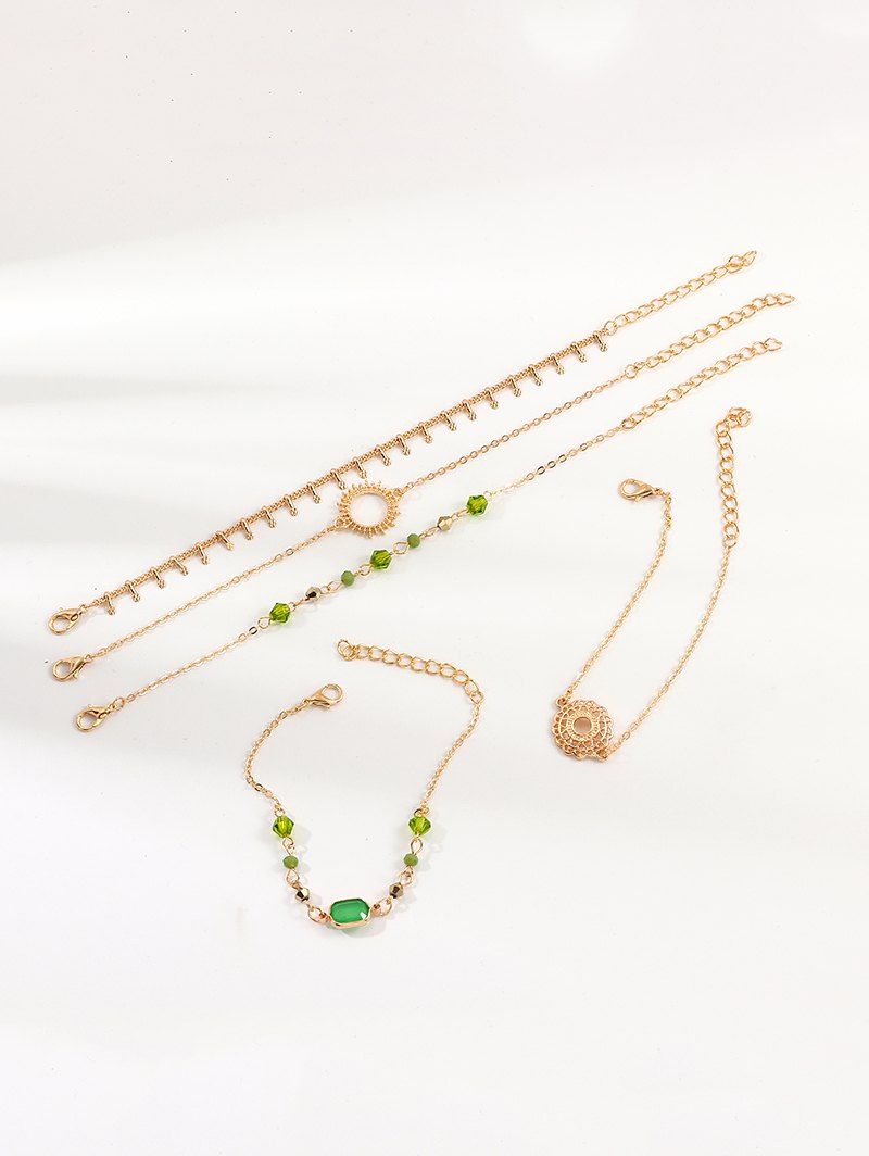 

5Pcs Ethnic Hollow Geometric Faux Gem Bracelet Set, Gold