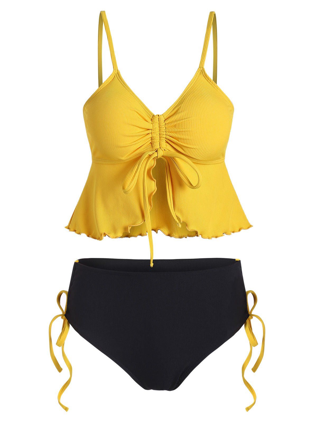 

Cinched Ribbed Ruffle Tankini Swimsuit, Goldenrod