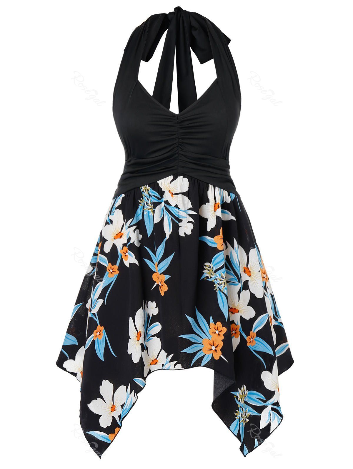 

Plus Size Asymmetrical Flower Halter Knot Ruched Backless Tank Top, Black