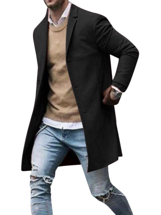 

Plain Notch Lapel Longline Woolen Coat, Black