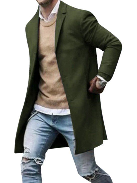 

Plain Notch Lapel Longline Woolen Coat, Army green