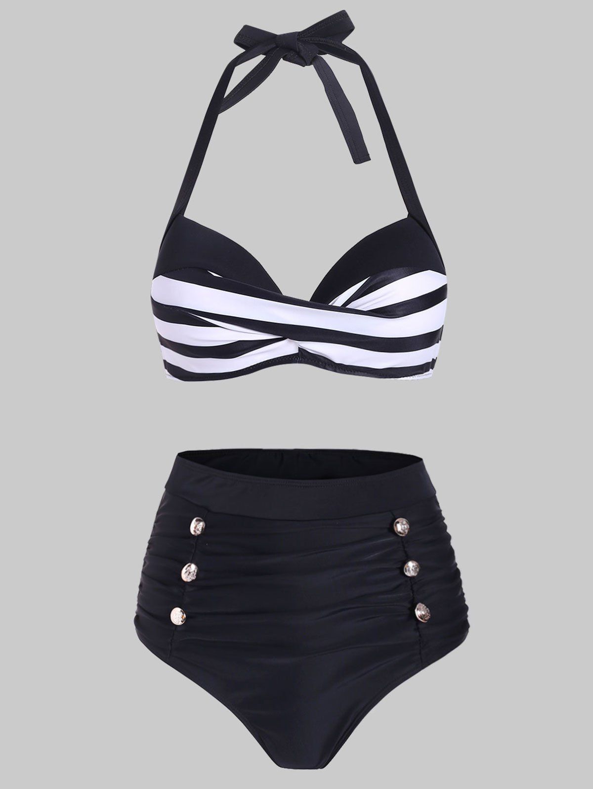 Striped Underwire Mock Button High Waisted Bikini Swimwear, Black
